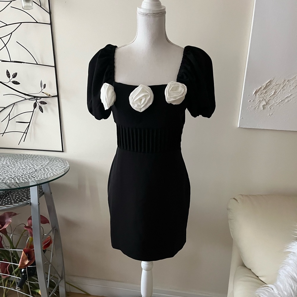 Endless Rose Black Puff Sleeve Mini Dress With White Rosettes size Medium NWT - Picture 8 of 15